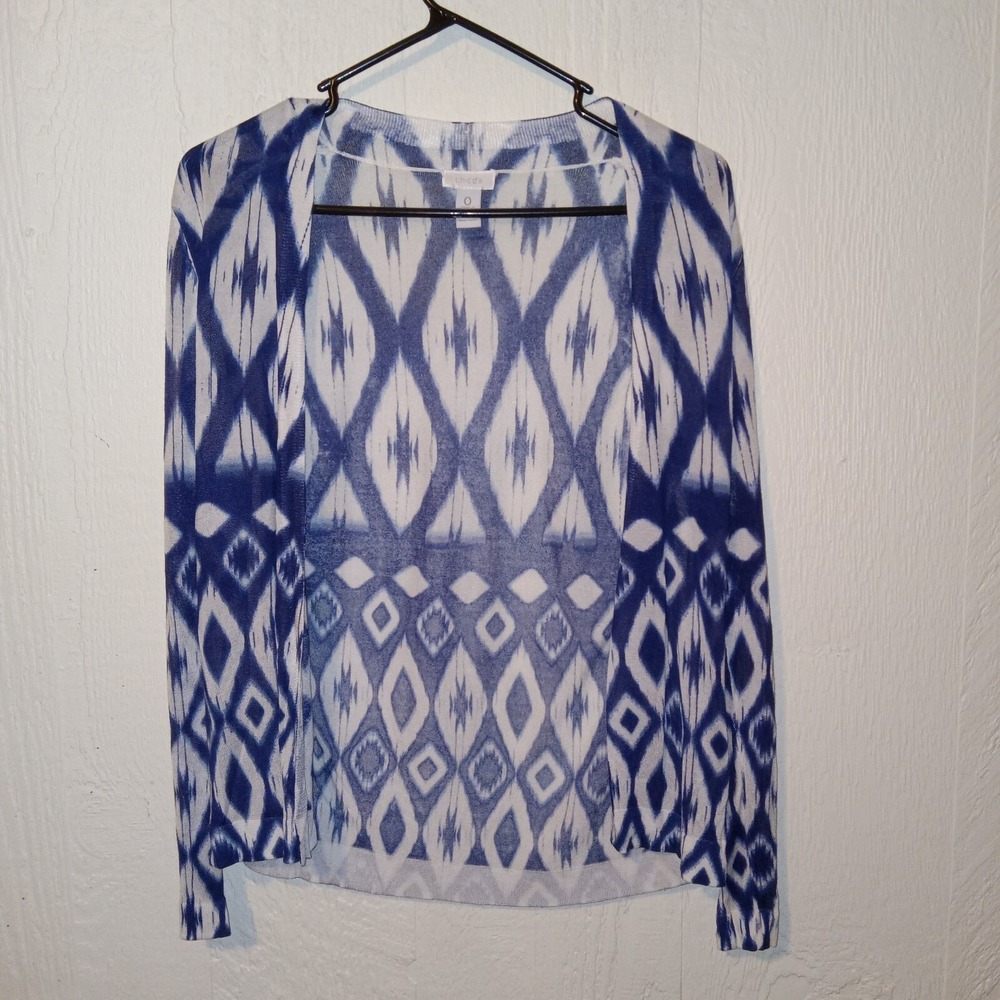 Chico's Open Front Cardigan Women Size 0 Blue White Ikat Diamond Print Sweater